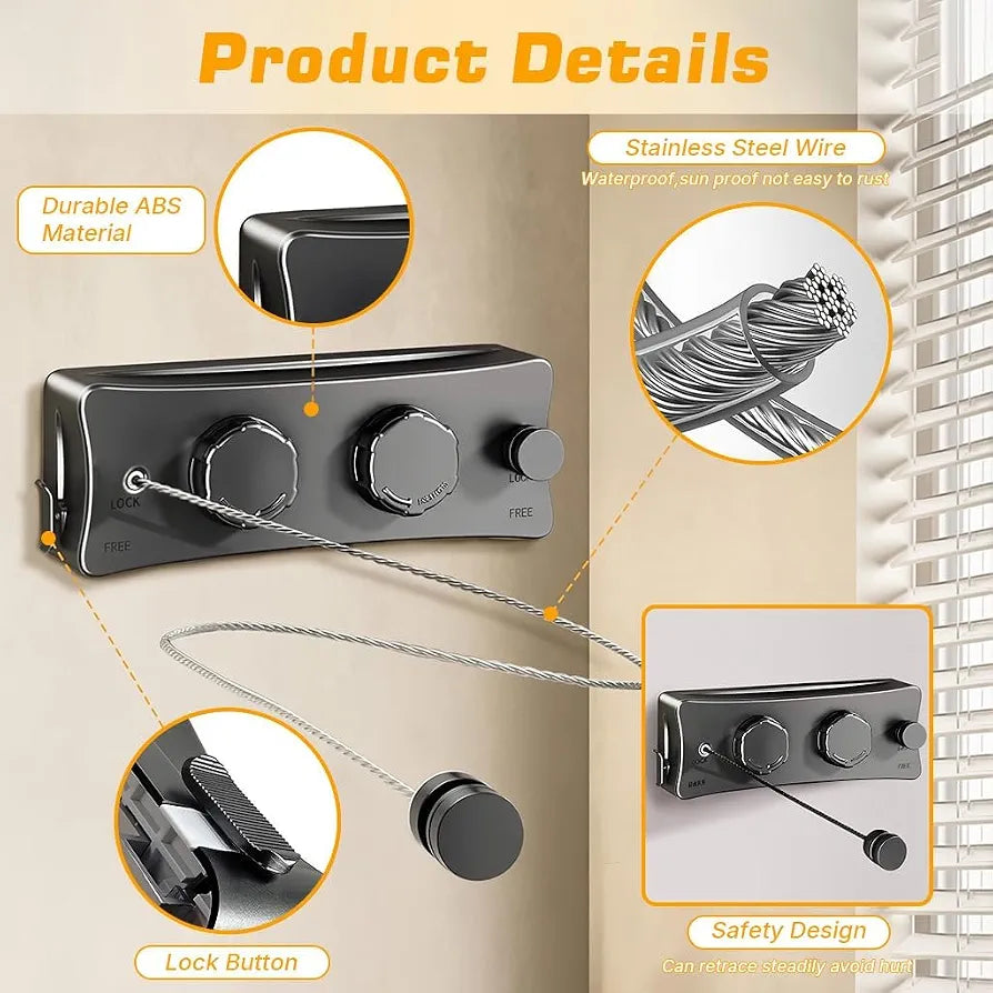 Retractable Cloth Drying Line Wall Mounted Laundry Sling | Double line | 16.7Ft