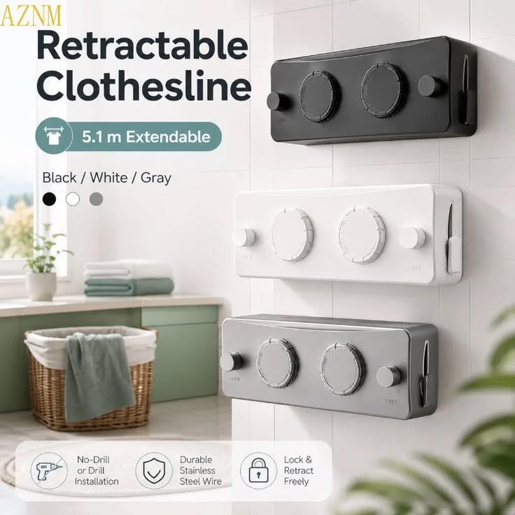 Retractable Cloth Drying Line Wall Mounted Laundry Sling | Double line | 16.7Ft