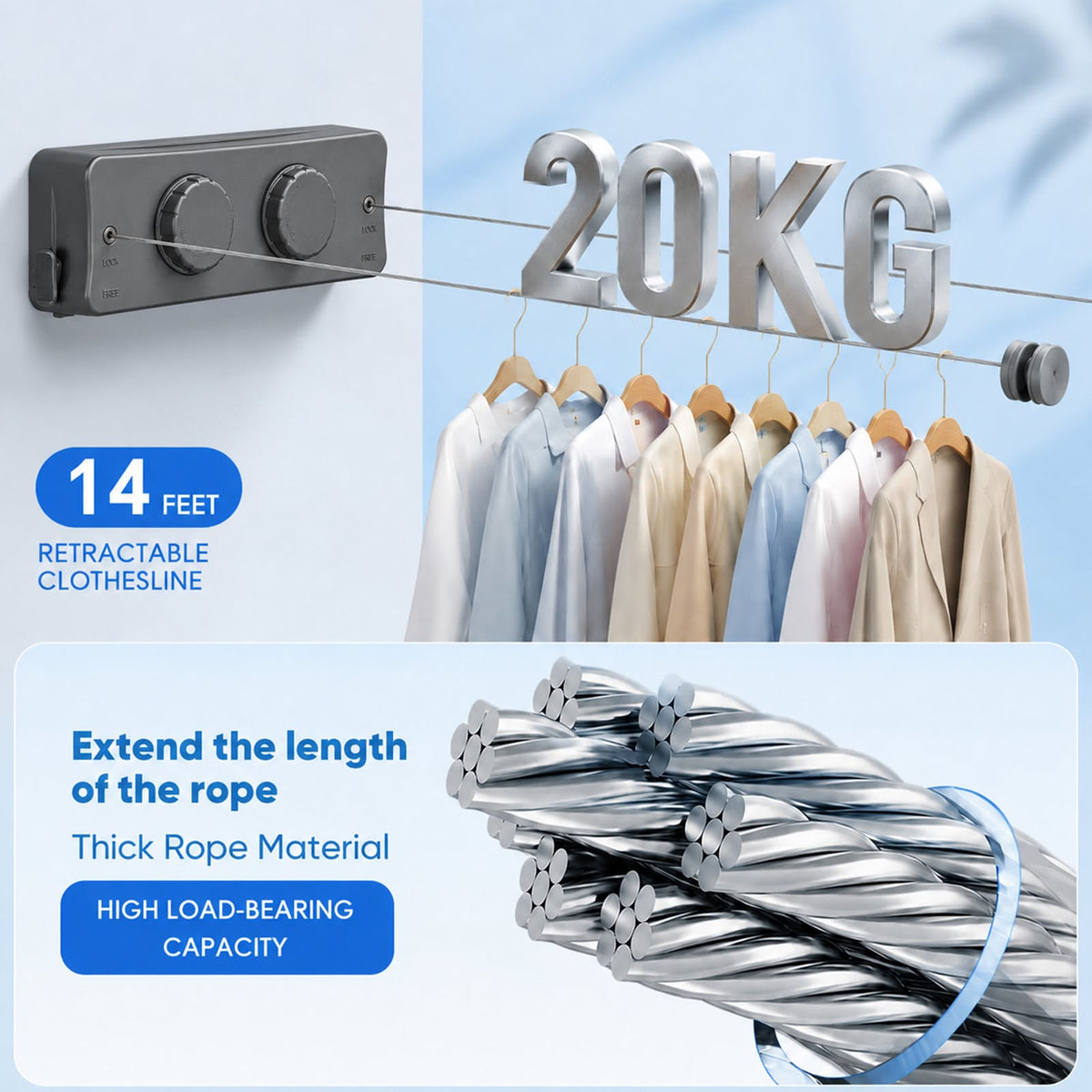 Retractable Cloth Drying Line Wall Mounted Laundry Sling | Double line | 16.7Ft